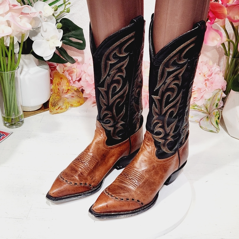 Tony Lama Leather Stitched Toe Western Boots Sz 6M
